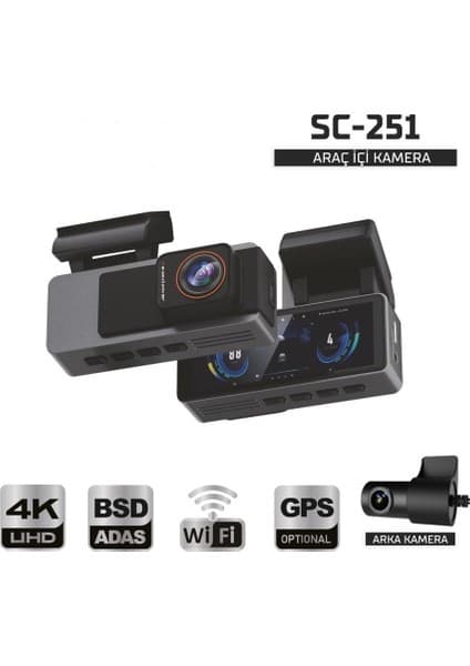 Sentinel SC-251 Araç Içi Kamera 4K UHD Wifi Çift Kameralı Dash Cam Arka Kamera