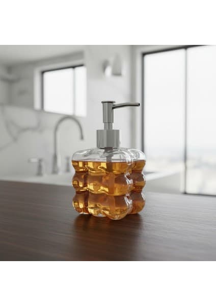 Beyaz Bubble Design Cam Sıvı Sabunluk - 450 ml Kabartmalı Şık Banyo ve Mutfak Sabunluğu