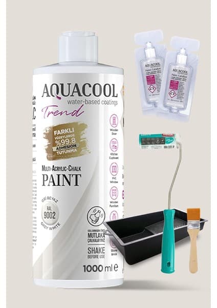 Aquacool Trend Akrilik Hobi Boyama Seti 1000 Ml, 2 Adet Katalizör, Kadife Rulo 10 Cm, Boyacı
