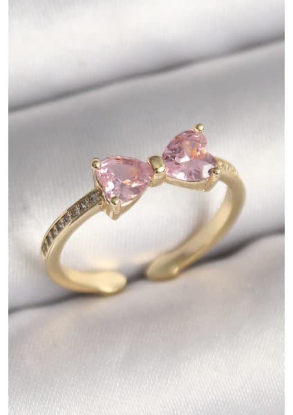 Pirinç Gold Renk Pembe Zirkon Taşlı Kalp Fiyonk Model Kadın Yüzük -