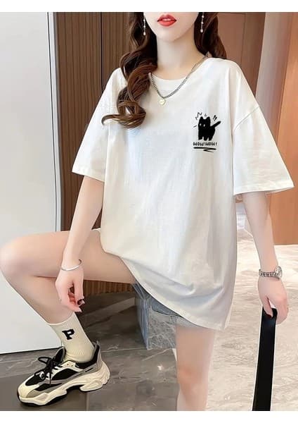 Velmora Fashion Kadın Tişört Penye Compack Tatlı Kedi Baskılı Bisiklet Yaka T-Shirt -