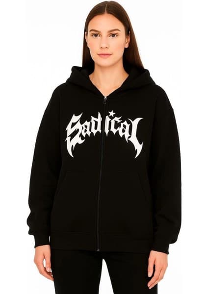 Velmora Fashion Kadın Kapüşonlu 3 Iplik Şardonlu Önü Baskılı Fermuarlı Oversize Sweatshirt -