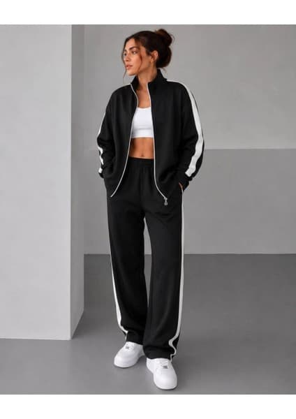 Velmora Fashion Kadın Scuba Kumaş Oversize Şerit Detaylı Fermuarlı Alt Üst Eşofman Takımı -