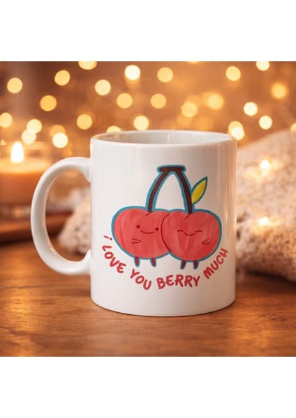 Bezos I Love You Berry Much Tasarımlı Kupa Model 12 Sevimli Kiraz Desenli Porselen Kahve Kupası -