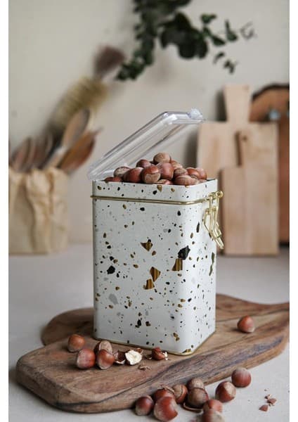 ER043-9G Terrazzo Cream Desenli Dikdörtgen Metal Saklama Kabı 8X10 cm (Terrazzo