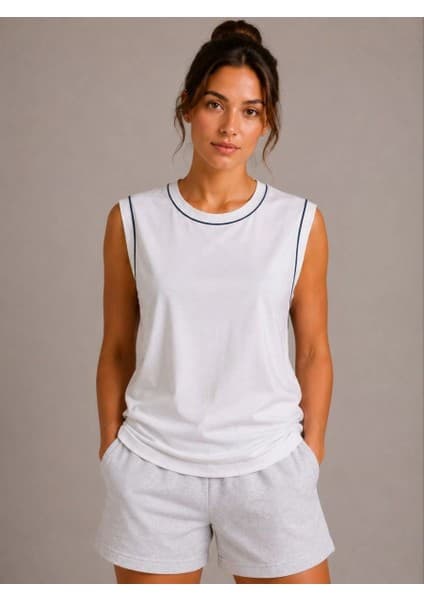 Velmora Fashion Kadın Kontrast Biyeli Kolsuz Atlet Bisiklet Yaka Yazlık Basic Atlet -