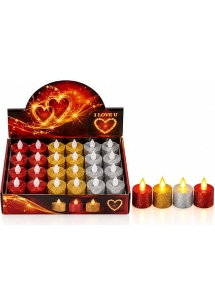 Shopwave 24 Adet Pilli Yuvarlak - Simli Renkli LED Mum Çap : 3.6 Yükseklik : 4.3cm İ10-025