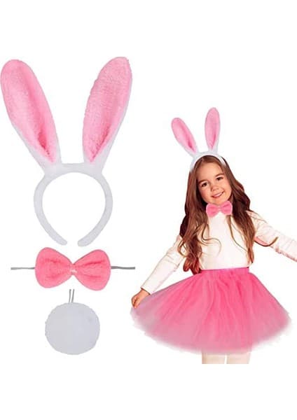 Akıllı Bayi Tavşan Tacı Eteği Papyonu ve Kuyruk Kostüm Seti Pembe Renk Çocuk Boy