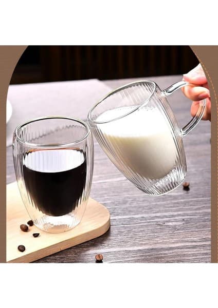 Store Çift Cidarlı Çizgili Cam, Kahve, Latte, Ekspresso, Meşrubat, Su Bardağı, 300 Ml, Cam Bardak,
