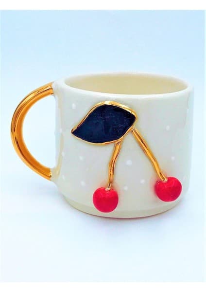 Cw Celine's Wonders Kiraz Kabartmalı Mug, 24 Ayar Gerçek Altın Dekorlu, El Yapımı, Hediyelik Mug,