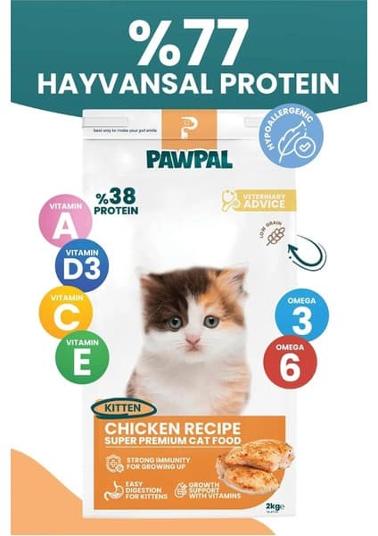Tavuklu Süper Premium Yavru Kedi Maması 2kg | Hipoalerjenik – Düşük Tahıllı – Yüksek