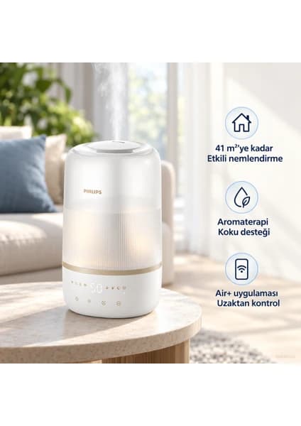 Philips Akıllı Hava Nemlendirici 3 L Su Hazneli 41 M² Alan Etkili 275 Ml/sa Nemlendirme Air+ Kontrollü Aromaterapi ve Ortam Aydınlatmalı + Tiftik Cihazı(Onerous)