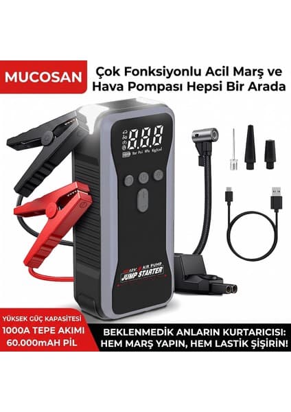 Dev Kapasite 60.000 Mah 4'ü 1 Arada Jump Starter ve Hava