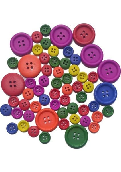 Renkli Düğme Ahşap 60 Adet 1 Paket Okul Kreş Sanat Etkinlik Anasınıfı 1,2 cm 50 Adet 2,5 cm 10