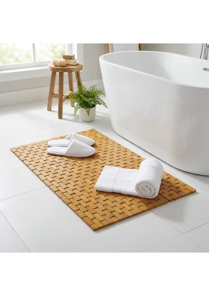 Tr Doğal Bambu Banyo Paspası (42X62 Cm) - Suya Dayanıklı Ahşap Duş Önü Paspas Spa ve Sauna