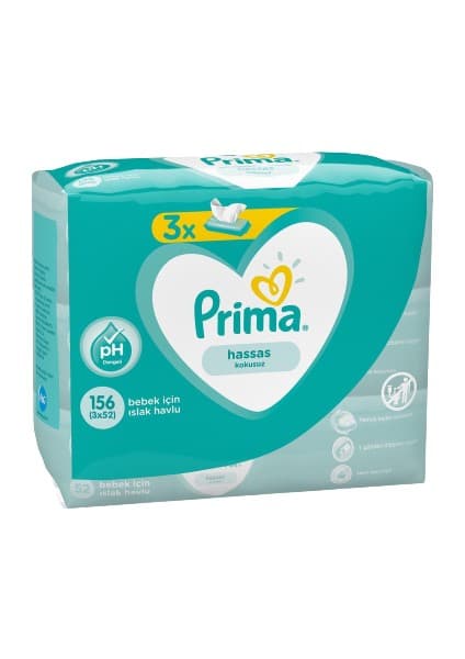 Prima 156 Yaprak Kokusuz Islak Havlu Mendil Hassas Ciltler İçin Alkol İçermez Günlük