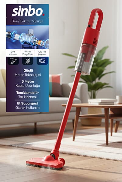 Sinbo SVC-8616 500W Dikey Elektrikli Süpürge – Kırmızı, Yüksek Emiş Gücü