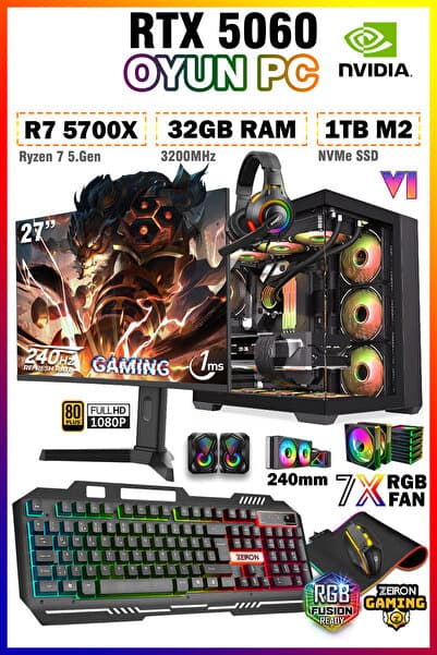 Zeiron Warrior Eagle X55 Ryzen 7 5700X 32GB 1TB SSD RTX5060 GDDR7 27" 240Hz Sıvı Soğutmalı Oyun Bilgisayarı
