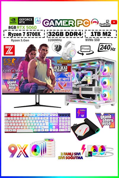Zeiron Warrior Eagle X55 White Ryzen 7 5700X 32GB 1TB M.2 RTX5060 27" 240Hz Sıvı Soğutma Oyuncu Bilg