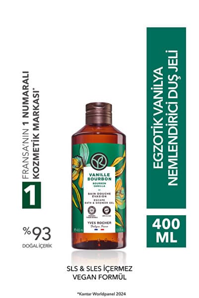 Yves Rocher Duş Jeli - Nemlendirici Egzotik Vanilya -SLS,SLES İçermez,Vegan-400ml