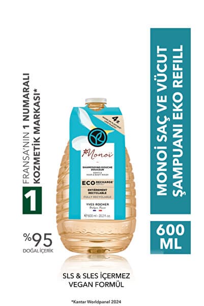 Yves Rocher Monoi Eko Refill Yedek Saç ve Vücut Şampuanı-Monoi de Tahiti-SLS, SLES içermez,Vegan-600ml