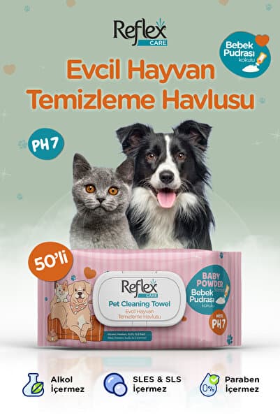 Reflex Care Evcil Hayvanlar için Çok Amaçlı Temizleme Havlusu 50'li - Bebek Pudrası Kokulu
