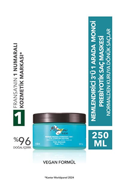 Yves Rocher Nemlendirici 3'ü 1 Arada Prebiyotik Saç Maskesi-Normal ve Kuru Saçlar/Monoi de Tahiti-Vegan-250ml