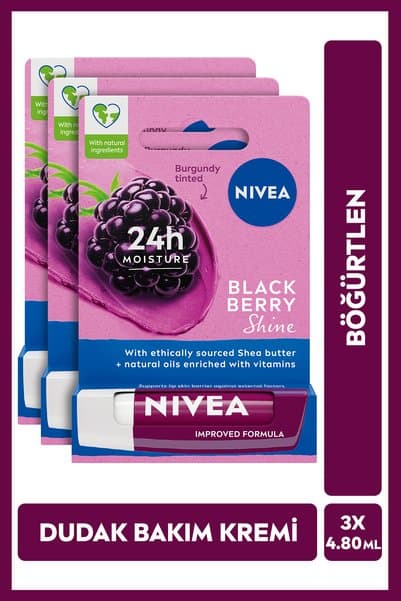 NIVEA Böğürtlen Renkli Dudak Bakım Kremi, Nemlendirici, Hafif Bordo Işıltı, Dudak Parlatıcısı, X3 Adet