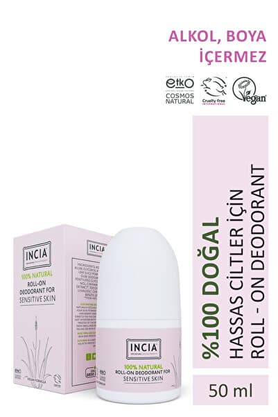 INCIA %100 Doğal Roll On Deodorant Hassas Ciltler İçin Ter Kokusu Önleyici Leke Yapmayan 50 ml