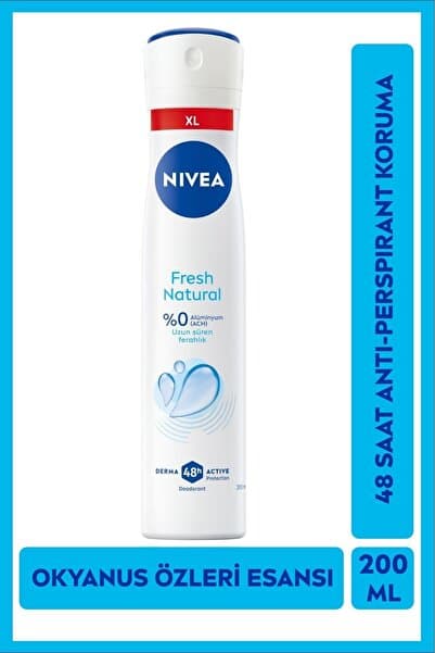 NIVEA Kadın Fresh Natural Sprey Deodorant 200ml, 48 Saat Ter Koruması, Alüminyum İçermez, Pudrasız