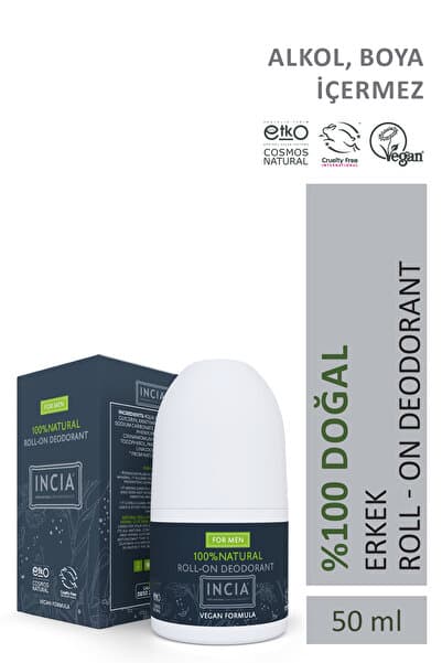 INCIA %100 Doğal Roll On Deodorant Erkekler İçin Ter Kokusu Önleyici Lekesiz 50 ml