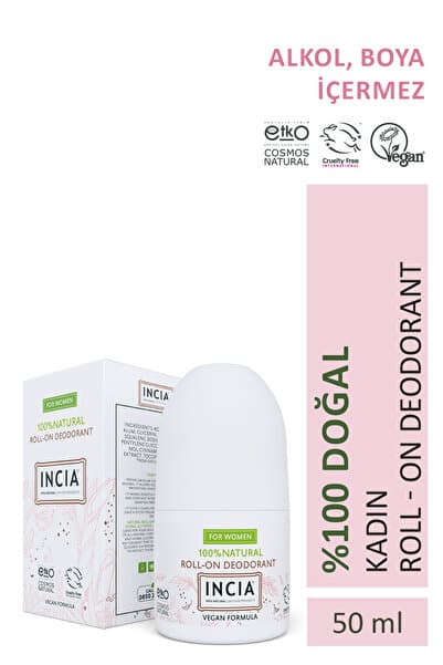 INCIA %100 Doğal Roll On Deodorant Kadınlar İçin Ter Kokusu Önleyici Lekesiz 50 ml