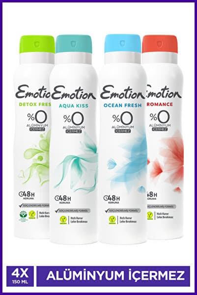Emotion Kadın Alüminyumsuz Vegan Deodorant Set 4x150 Ml (Ocean Fresh,Romance,DetoxFresh,Aqua Kiss)