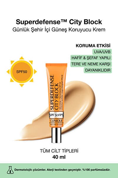 Clinique Superdefense™ City Block SPF 50 Günlük Güneş Koruyucu Krem 40ml | UVA/UVB koruma, Tere Dayanıklı