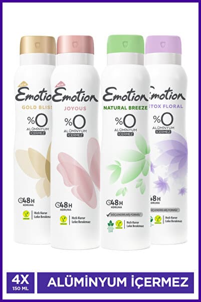 Emotion Kadın Vegan Deodorant 4x150 Ml (Gold Bliss,Joyous,NatBreeze,Detox Floral) Hızlı Kurur, Leke Bırakmaz