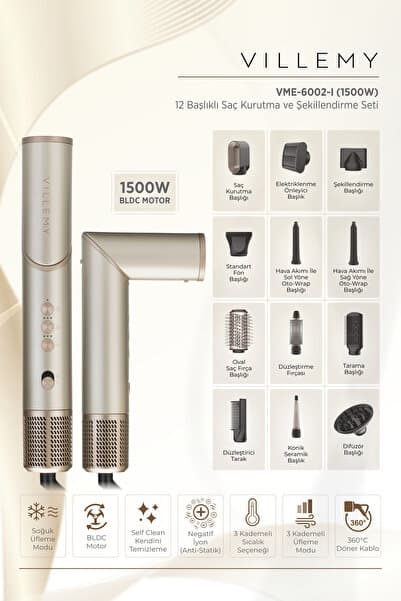 12’si 1 Arada Çok Başlıklı Saç Kurutma ve Şekillendirme Seti – 1500 W BLDC Motor -VME-6002-I