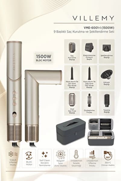 9’u 1 Arada Çok Başlıklı Saç Kurutma ve Şekillendirme Seti – 1500 W BLDC Motor-VME-6001-I