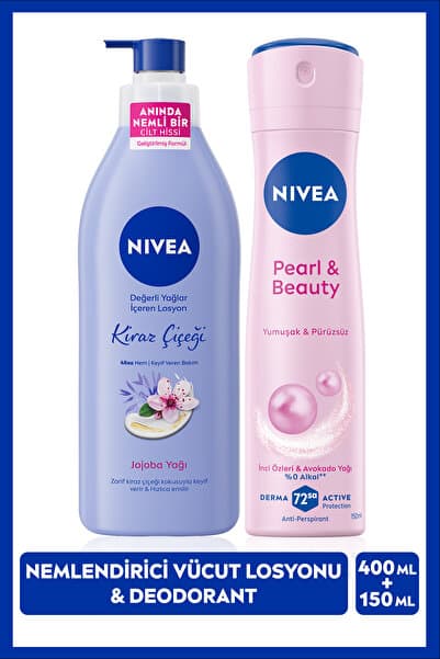 NIVEA Kadın Sprey Deodorant Pearl&Beauty 150ml ve Kiraz Çiçeği Nemlendirici Vücut Losyonu 400ml