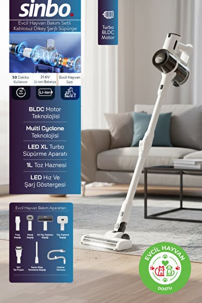 Sinbo SVC-8634 Kablosuz Dikey Süpürge Beyaz (BLDC Motor) Çok Amaçlı, 7 Aparat, Evcil Hayvan Tüyleri İçin