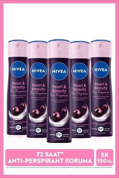NIVEA Kadın Sprey Deodorant Pearl&Beauty Fine Fragrance 150ml, 72 Saat Ter Koruması, Alkolsüz, X5 Adet