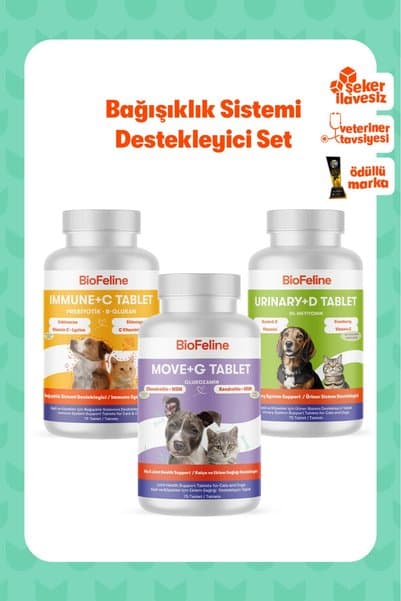 BioFeline Ve İdrar Yolu Sorunu Önleyici, Glukozamin + Üriner + Immune C Kedi Köpek Tablet Seti | Kedi Bağışıklık Desteği | MSM Tablet | Eklem Vitamini