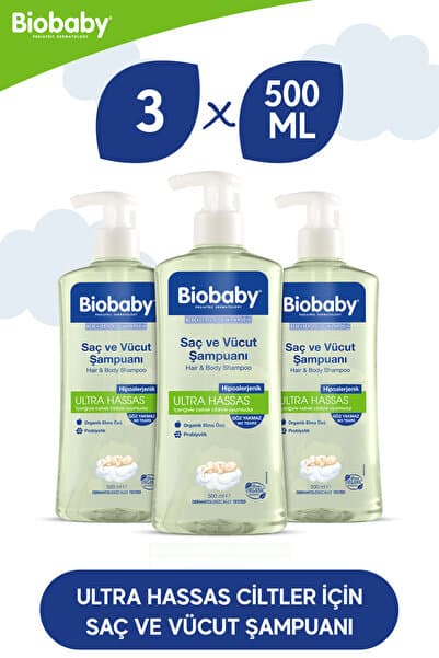 Biobaby Ultra Hassas Saç Ve Vücut Bebek Şampuanı 500 ml Prebiyotik Alman Papatyası - Organik Içerik 3 Lü Set