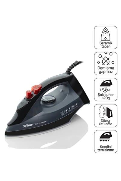 AR684 Olivya Buharlı Ütü 2400W, Seramik Taban, Dikey Buhar, Şok Buhar, Damlama Önleme, Siyah