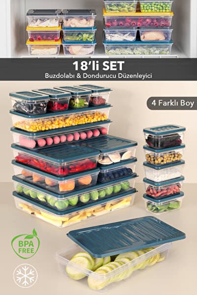 Meleni Home 18'li Buzdolabı Organizer Saklama Kabı - Mikrodalga ve Difrize Uygun Düzenleyici Buzluk Kabı Mavi