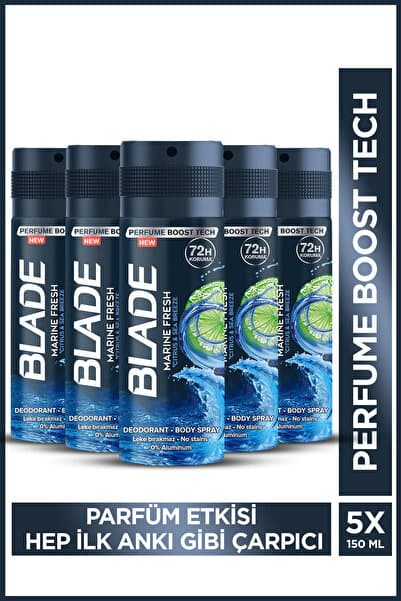 Blade Marine Fresh Erkek Alüminyumsuz Deodorant Body Spray 5x150 Ml Hızlı Kurur, Leke Bırakmaz