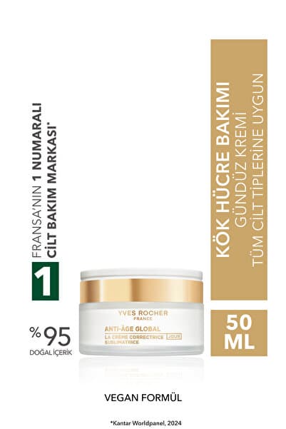Yves Rocher Gündüz Kremi-Hyaluronik Asit & Pantenol-Yaşlanma Karşıtı Bitki Kök Hücre Bakım Anti Age Global 50ml