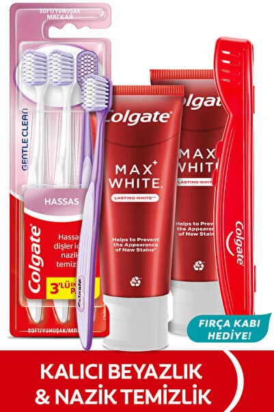Colgate Max White 75 ml 2li Diş Macunu, Gentle Clean 2+1 Diş Fırçası+Fırça Kabı