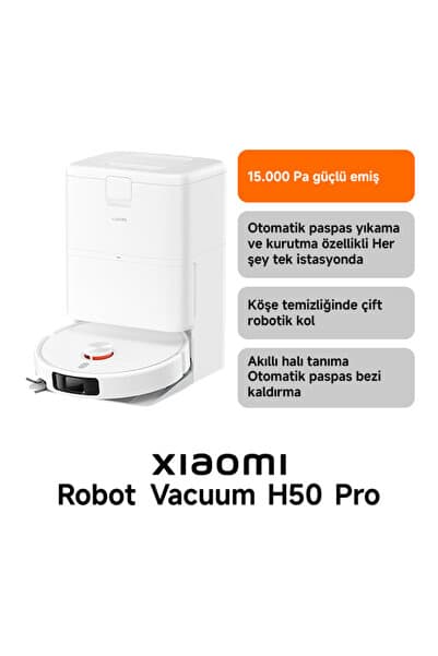 Robot Vacuum H50 Pro Beyaz Akıllı Robot Süpürge 15000 Pa Emiş Gücü ( Xiaomi Türkiye Garantili)