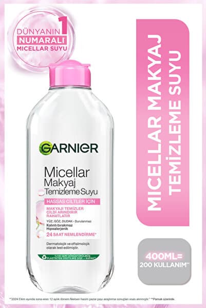 Garnier Micellar Makyaj Temizleme Suyu 400ML, 24 Saat Nemlendirme, Hassas Ciltler için