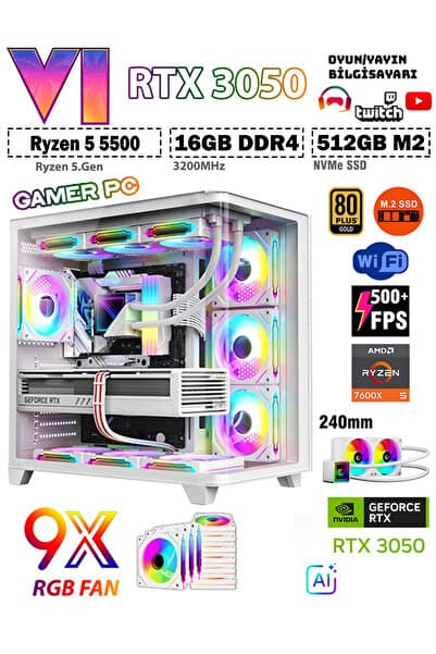 Zeiron Legacy X7 Ryzen 5 5500 16GB 512GB M.2 SSD RTX3050 Sıvı Soğutmalı Oyuncu Masaüstü Bilgisayarı